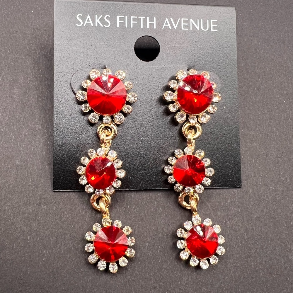 Saks Fifth Avenue Ruby Red and Gold Crystal Earrings